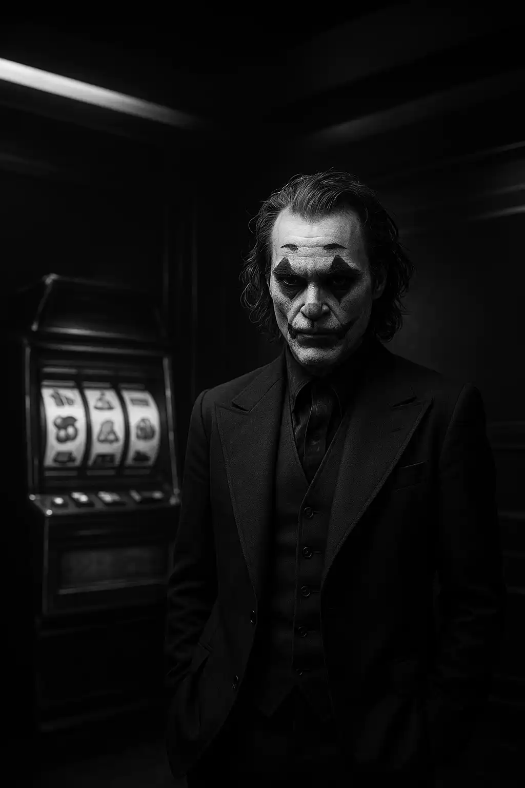 Monochromer Joker vor beleuchteten Spielautomaten im JokerTipp Casino